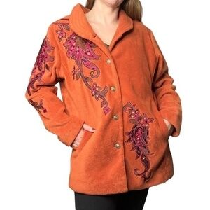 Bob Mackie Embroidered Jacket Coat Wearable Art Burnt Orange Fall Fleece Size L